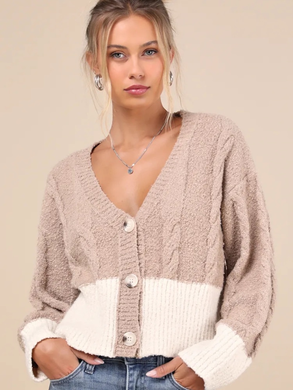 Lulu's Convincingly Cozy Beige and Ivory Cable Knit Boucle Cardigan